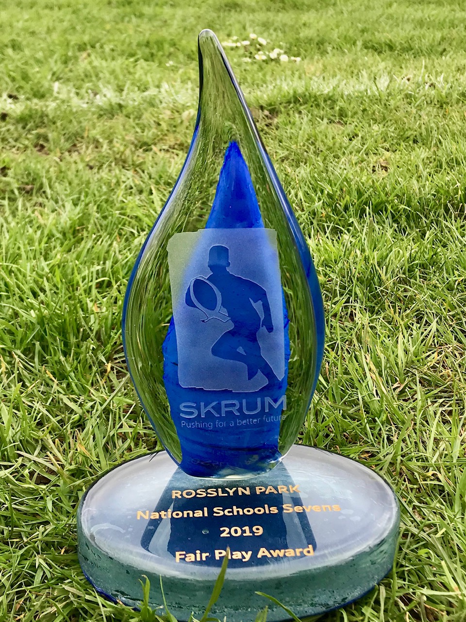 Blue glass trophy on grass