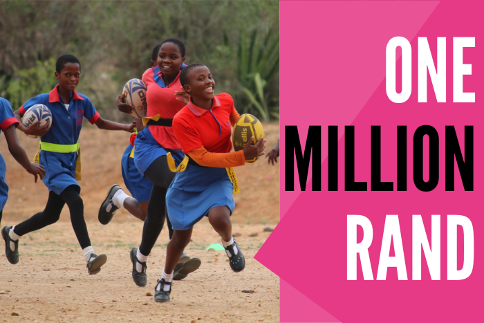 Image of girls playing rugby with text One Million Rand